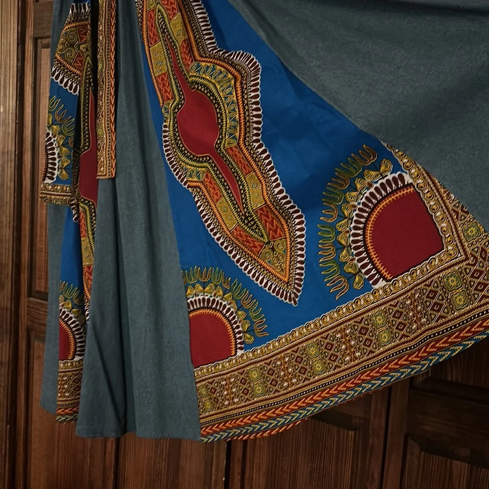 Wide leg maxi skirt, heavy denim, multi color accents - Picture 2 of 6